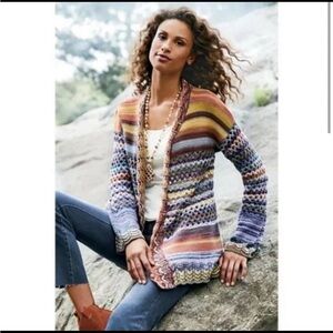 Soft Surroundings Cardigan XL Sweater Stripe Crochet Rainbow Abi Open Front Boho